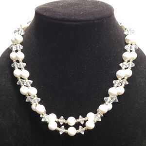 2 Layer White, Clear, And Gold Tone Beaded Necklace, 18 inches